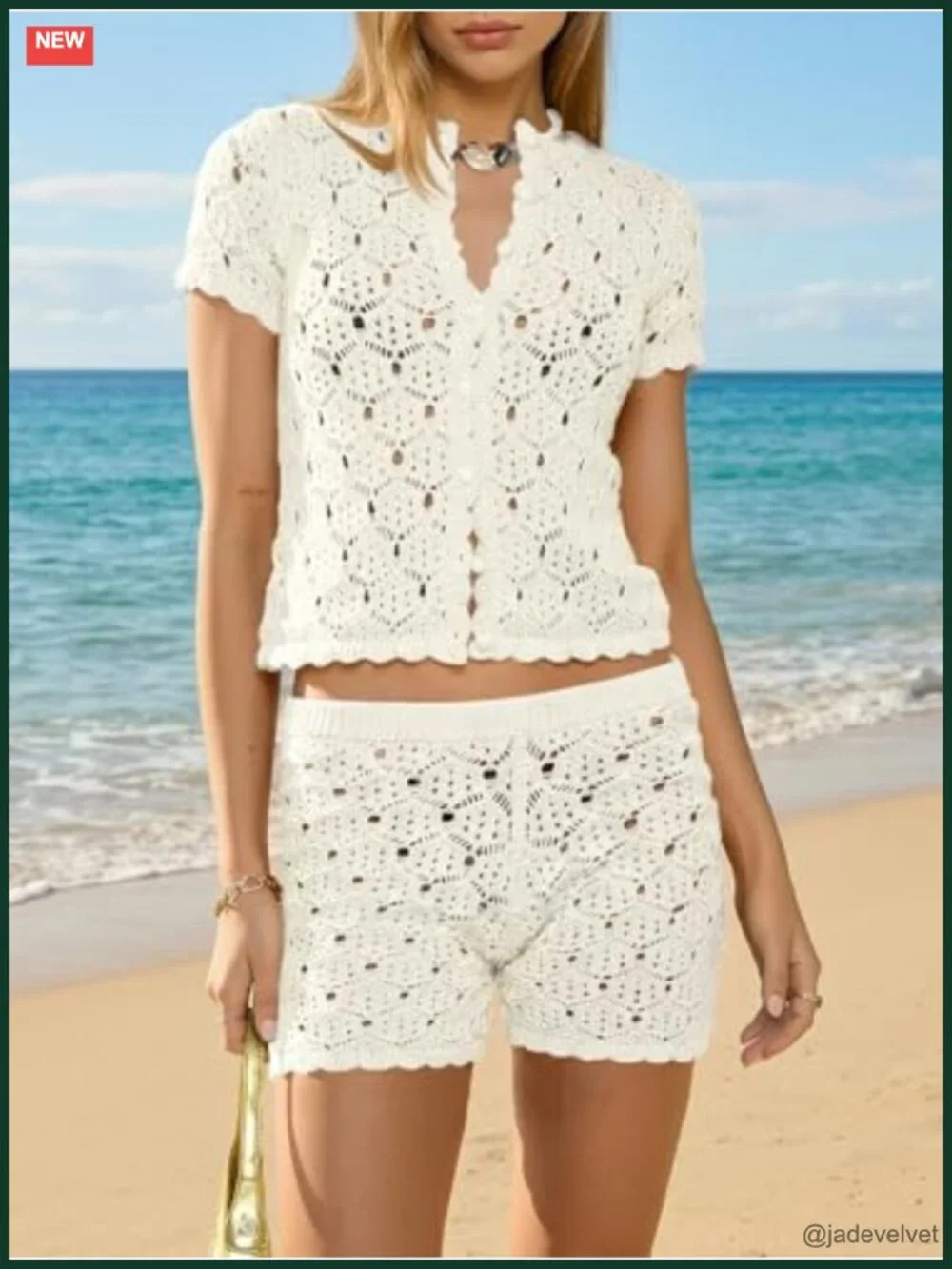 Crochet 2 Piece Cover Up Set Crop Top & High Waist Shorts